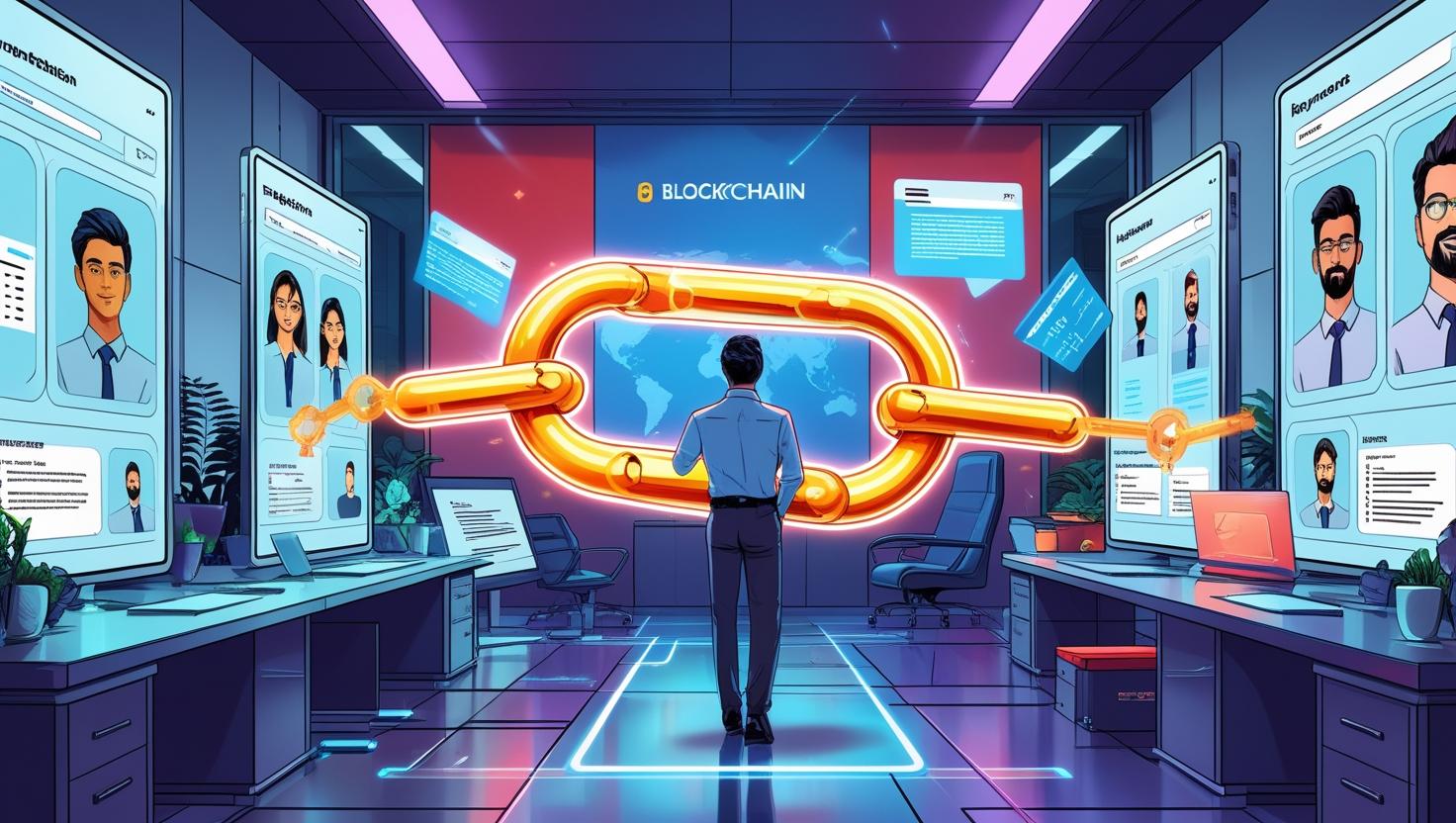 A futuristic Indian office scene with a glowing blockchain chain connecting employer and job seeker profiles, digital resume floating on transparent screens, holograms of verified documents, and secure hiring ke_708.jpg